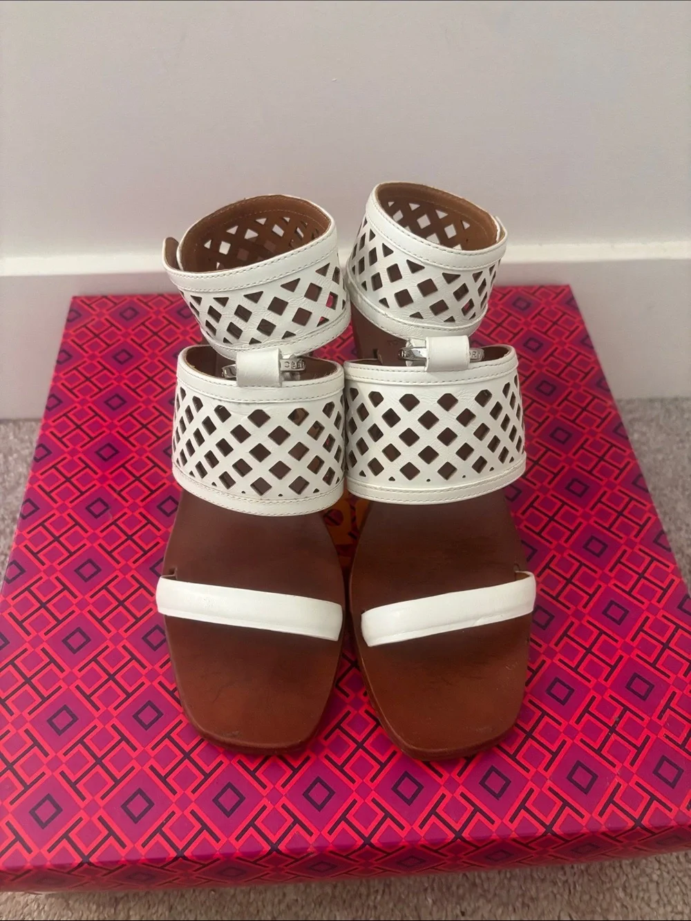 Tory Burch White Perforated Leather Block Heel Sandals